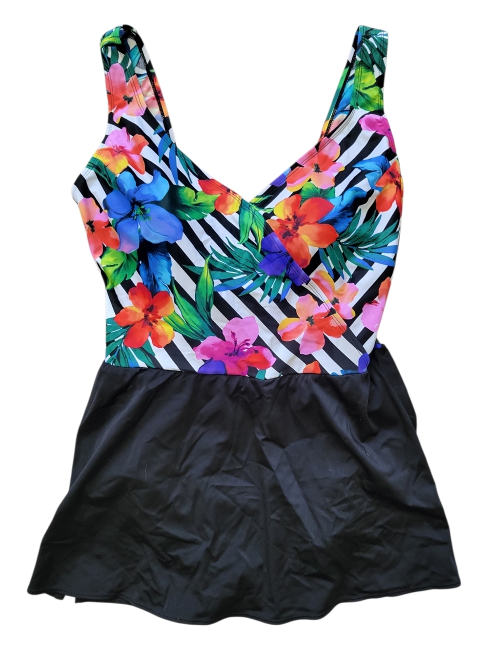 NWT Inches Away Longitute Skirted One Piece Swimsuit Floral Striped Slimming 14